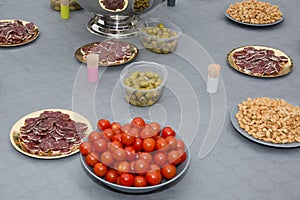 Beautifully decorated catering banquet table, different food snacks and appetizers