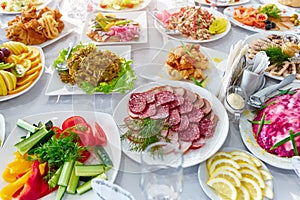 Beautifully decorated catering banquet table with different food