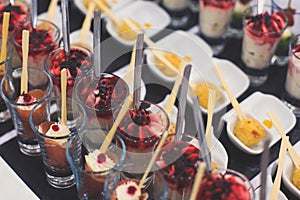 Beautifully decorated catering banquet table with different food snacks and appetizers