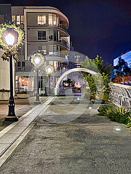 Christmas holiday decorations Long beach seaside Way pedestrian walk rainbow bridge California