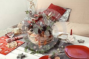 Beautifully decorated Christmas table in the living room