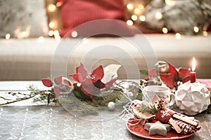 Beautifully decorated Christmas table in the living room