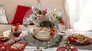 Beautifully decorated Christmas table in the living room