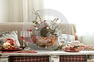 Beautifully decorated Christmas table in the living room