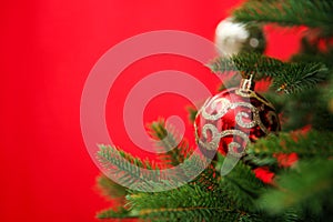 Beautifully decorated Christmas tree color background, closeup