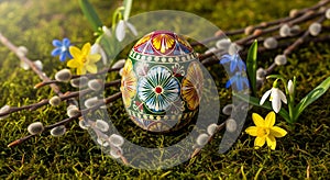 Decorated Easter egg on a mossy ground.