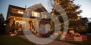 Feast of the Nativity. Beautifully decorated house with a tree and presents at Christmas photo