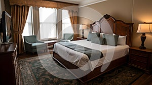 beautifully decorated hotel room with a plush bed and ele three generative AI photo