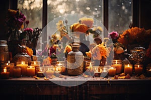 A beautifully decorated ofrenda adorned with marigold flowers, sugar skulls, candles, and incense. The ofrenda would be the photo
