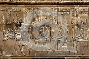 A beautifully decorated wall at Kom Ombo in Egypt showing the detailed relief engravings and hieroglyphs.