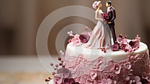 Beautifully decorated wedding cake adorned with exquisite details and featuring a lovely bride and groom topper