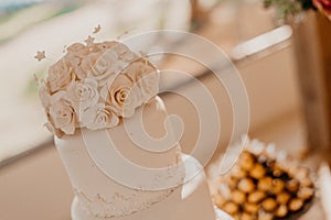 Beautifully decorated wedding ceremony table with a cake and flowers