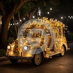 Beautifully Decorated Wedding Vehicle with Dreamy Fairy Lights