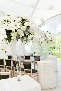 Beautifully decorated in white colours wedding hall