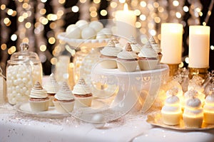 Beautifully decorated winter holiday dessert table with cakes, cupcakes and treats. Generative AI