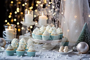 Beautifully decorated winter holiday dessert table with cakes, cupcakes and treats. Generative AI