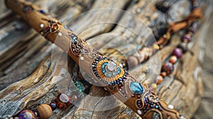 A beautifully decorated wooden staff adorned with crystals and animal totems used for channeling spiritual energy and photo