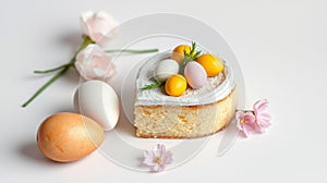 Decorative cake with pastel eggs and flowers for spring celebration photo