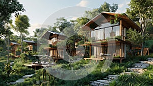 Beautifully designed hillside eco-lodges with large glass windows, surrounded by dense, green forest, epitomizing sustainable