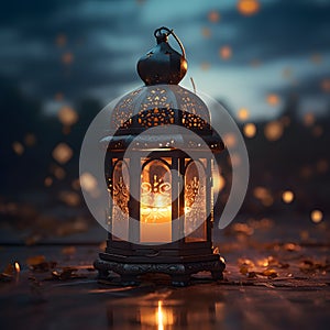 beautifully designed lantern is set against a background transitioning from night to dawn