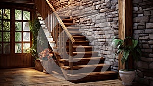 A beautifully designed room with a rustic stone wall and elegant wooden stairs