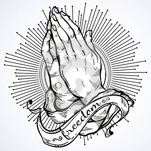 Beautifully detailed human hands folded in prayer. Appeal to the God. Faith and hope. Religious motifs. Academic art. Vector art. photo