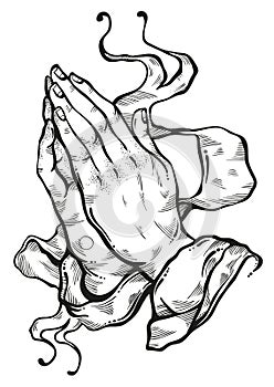Beautifully detailed human hands folded in prayer. Appeal to the God. Faith and hope. Religious motifs. Academic art. Vector art.