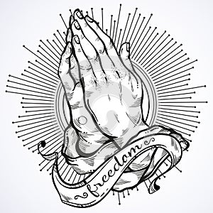 Beautifully detailed human hands folded in prayer. Appeal to the God. Faith and hope. Religious motifs. Academic art. Vector art.