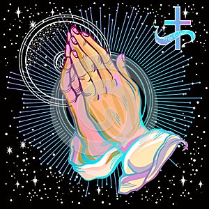 Beautifully detailed human hands folded in prayer. Appeal to the God. Faith and hope. Religious motifs. Vector illustration.