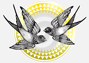 Beautifully detailed vintage illustration with flying swallow birds over tribal geometric pattern. Vector artwork isolated.