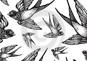 Beautifully detailed vintage style seamless pattern with flying swallow birds . Vector artwork isolated. Elegant tattoo art.