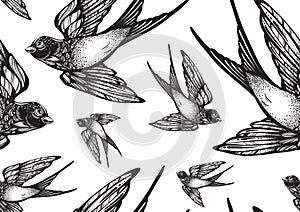 Beautifully detailed vintage style seamless pattern with flying swallow birds . Vector artwork isolated. Elegant tattoo art. photo