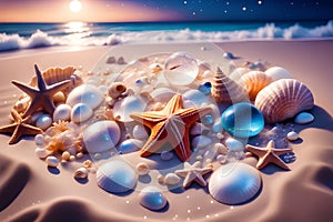 beautifully displayed and arranged composition of shells, starfish, and pebbles at beach side