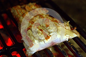 Beautifully grilled fillet on a hot cast-iron wire rack