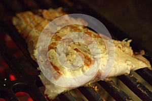 Beautifully grilled fillet on a hot cast-iron wire rack