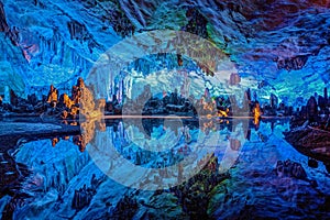 Beautifully illuminated Reed Flute Caves located in Guilin, Guangxi, China