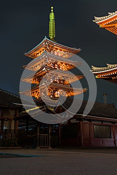 Beautifully illuminated Senso-ji temple complex by night in Asakusa