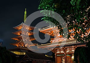 Beautifully illuminated Senso-ji temple complex by night in Asakusa