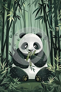 Beautifully illustrated giant panda sits peacefully amongst bamboo, munching on leaves in a tranquil, verdant forest