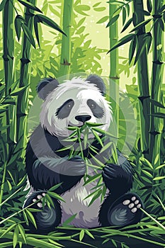 Beautifully illustrated giant panda sits peacefully amongst bamboo, munching on leaves in a tranquil, verdant forest