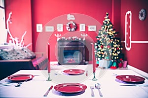 Beautifully laid new year table with red plates and Cutlery on a background of decorated room with Christmas tree