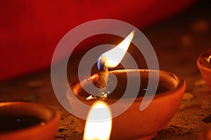Beautifully oil lamps lit for the hindu diwali festival