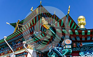 Beautifully ornamented roof of the Buddhist temple at Ivolginsky Datsan, Ulan Ude, Buriatia, Russia