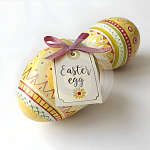 Painted Easter egg with bow and label on white background