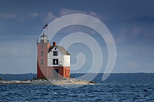 Beautifully painted Historic Round Island Lighthouse Mackinac Island Michigan