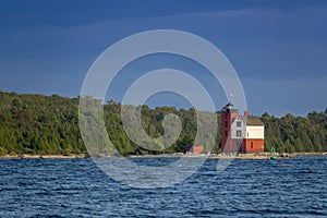 Beautifully painted Historic Round Island Lighthouse Mackinac Island Michigan