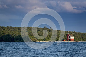 Beautifully painted Historic Round Island Lighthouse Mackinac Island Michigan