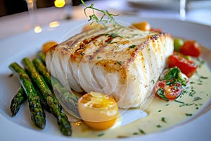 A beautifully plated dish featuring grilled fish, vegetables, and a sauce