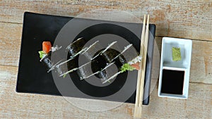 Beautifully presented sushi dish on wooden