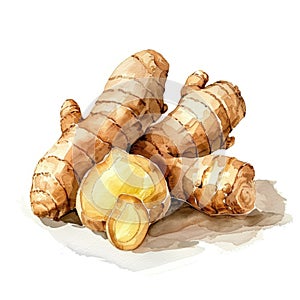 A beautifully rendered watercolor of ginger root with its textured skin